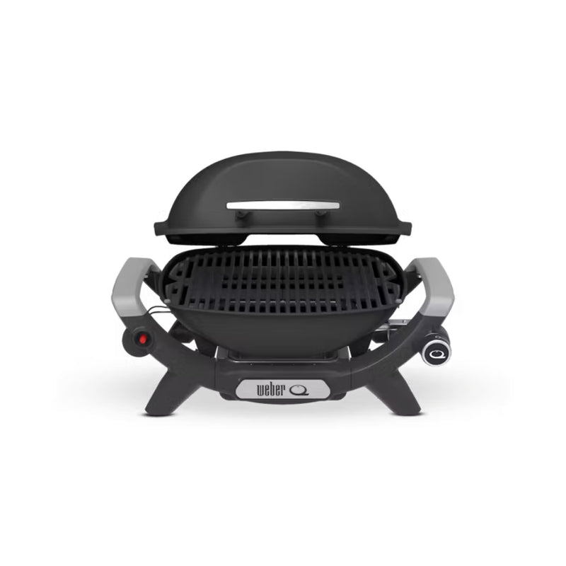 Midnight Black | Weber Baby Q (Q1000N) Gas Barbecue. Front View, Lid Open