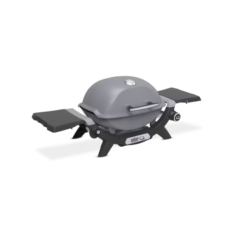 Smoke Grey | Weber Baby Q (1200N) Premium Barbecue. Angled Front View, Side Tables Out - Lid Closed. 