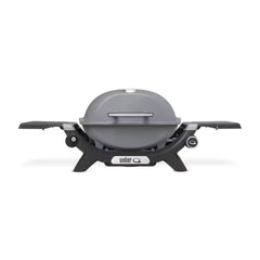 Smoke Grey | Weber Baby Q (1200N) Premium Barbecue. Front View, Side Tables Out - Lid Closed. 