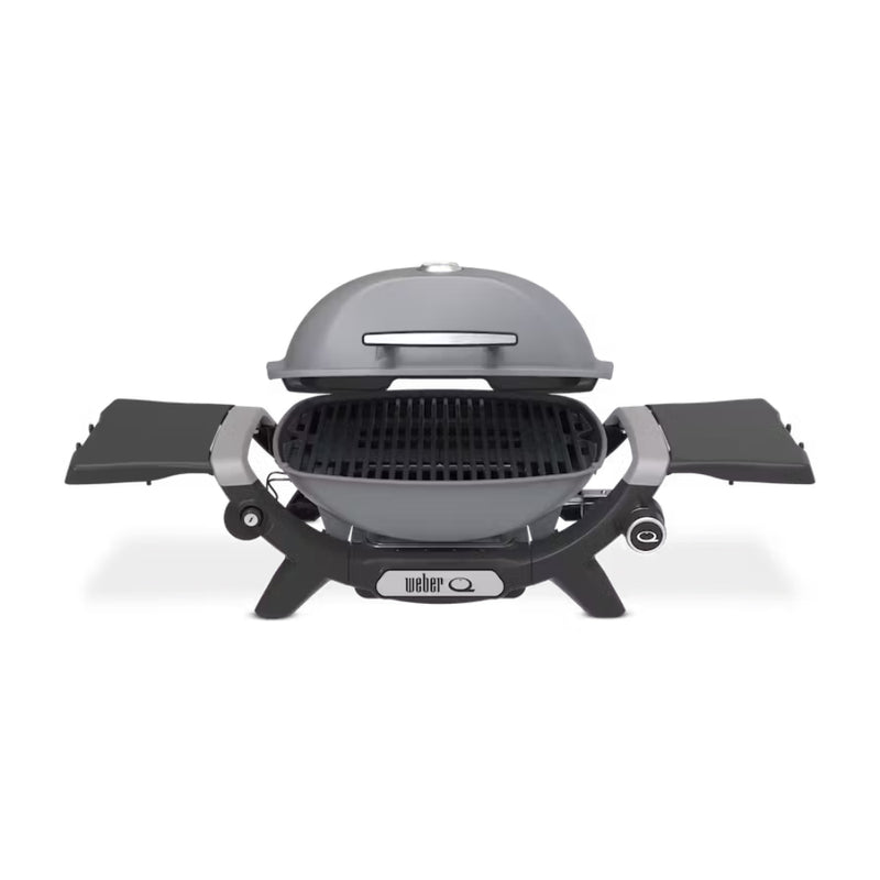 Smoke Grey | Weber Baby Q (1200N) Premium Barbecue. Front View, Side Tables Out - Lid Open. 