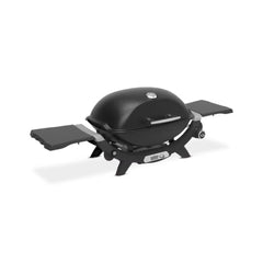 Midnight Black | Weber Q (Q2200N) Premium BBQ. Angled Front View - Side Tables Out - Lid Closed. 