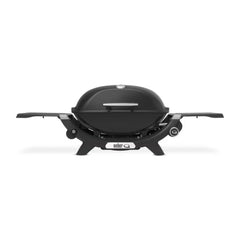 Midnight Black | Weber Q (Q2200N) Premium BBQ. Front View - Side Tables Out.