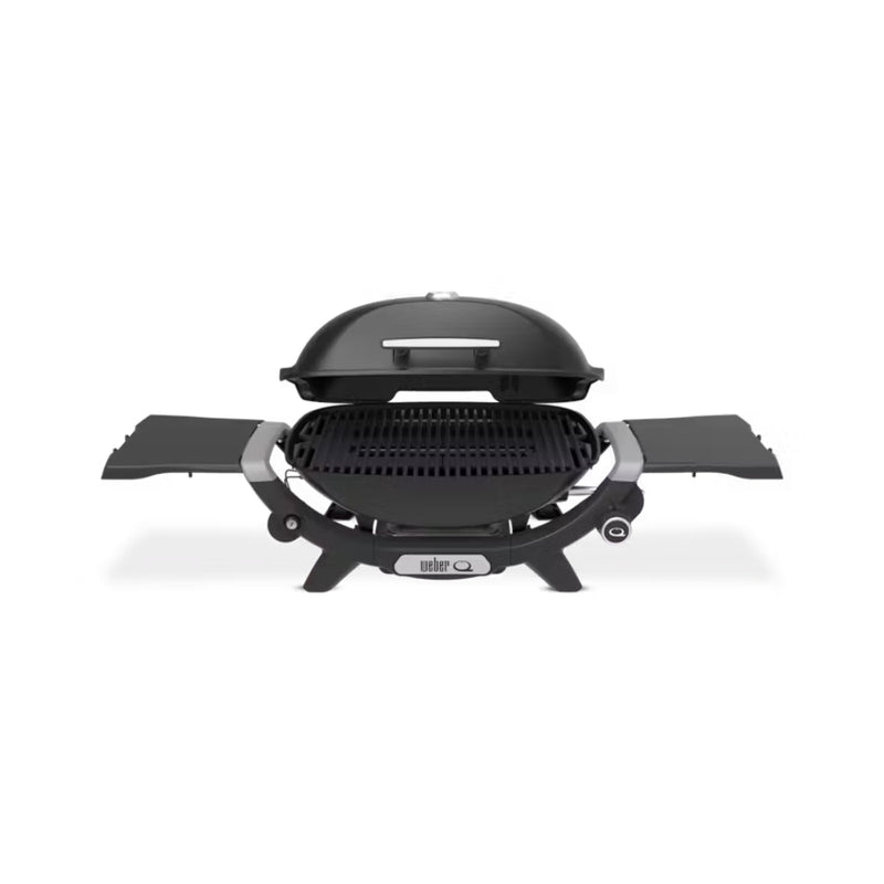 Midnight Black | Weber Q (Q2200N) Premium BBQ. Front View - Side Tables Out, Lid Open.