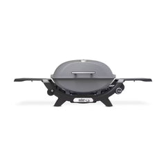 Smoke Grey | Weber Q (Q2200N) Premium BBQ. Front View, Lid Closed, Side tables Out. 