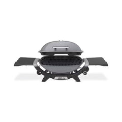 Smoke Grey | Weber Q (Q2200N) Premium BBQ. Front View, Lid Open, Side tables Out. 