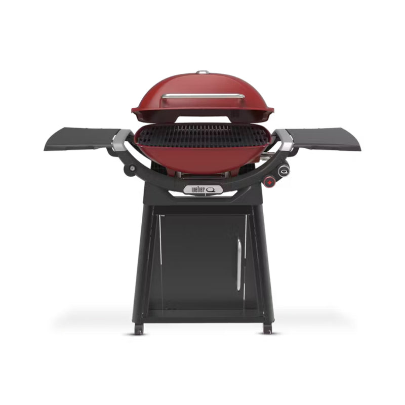 Flame Red | Weber Family Q (Q3200N+) Premium Model. Front View On Stand With Lid Open.