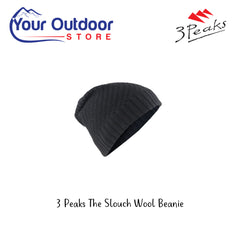 3 Peaks Slouch Wool Beanie. Hero Image Showing Logos and Title. 