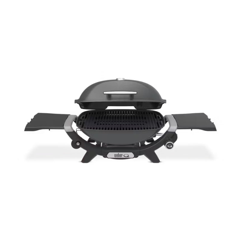 Charcoal Grey | Weber Q (Q2200N) Premium BBQ. Front View - Side Tables Out - Lid Open.