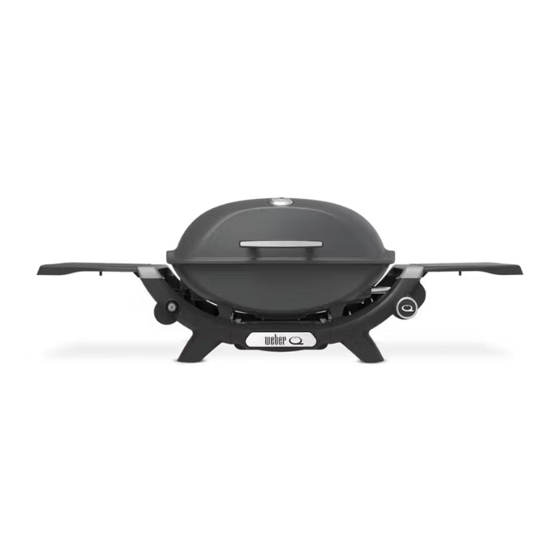 Charcoal Grey | Weber Q (Q2200N) Premium BBQ. Front View - Side Tables Out. 
