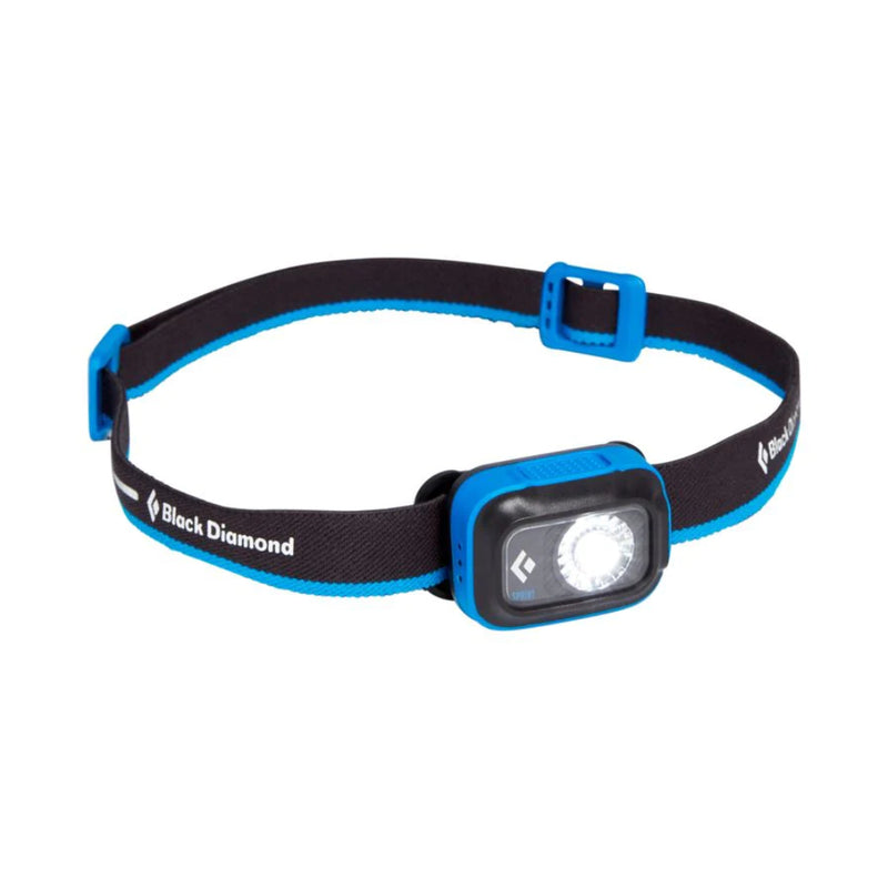 Ultra Blue | Black Diamond Sprint headtorch 225. Front View Showing Headlamp and Adjustable headband. 