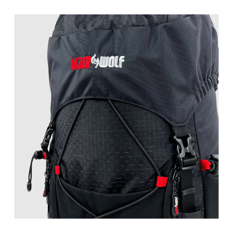 Jet Black | Black Wolf Provision 55. Showing Rain Cover/Lid clipped down on Backpack. 