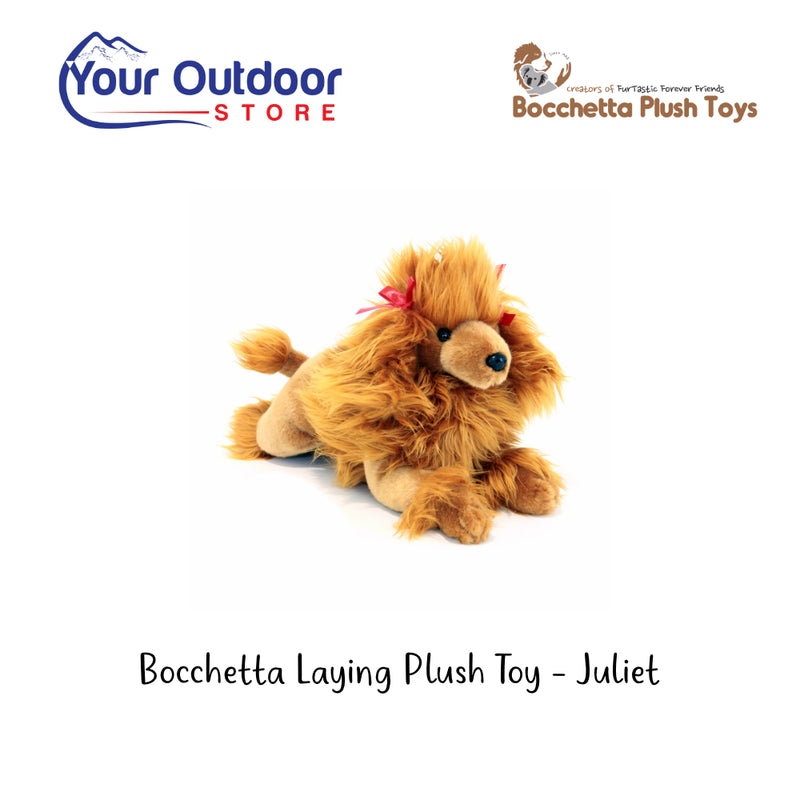 Bocchetta Laying Plush Toy - Juliet. Hero Image Showing Logos and Title. 