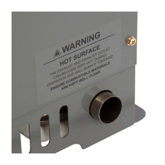Grey | Gasmate Portable Diesel Heater - Showing Exhaust Outlet and Warning Label.