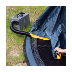 Grey | Gasmate Portable Diesel Heater - Front View Showing Hot Air Outlet Into Tent and Remote Control.