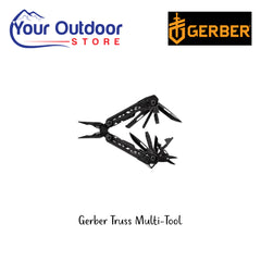 Gerber Truss Multi Tool - Black. Hero Image Showing Logos and Title. 