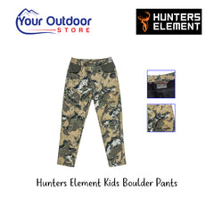 Hunters Element Kids Boulder Pant. Hero image with title and logos.