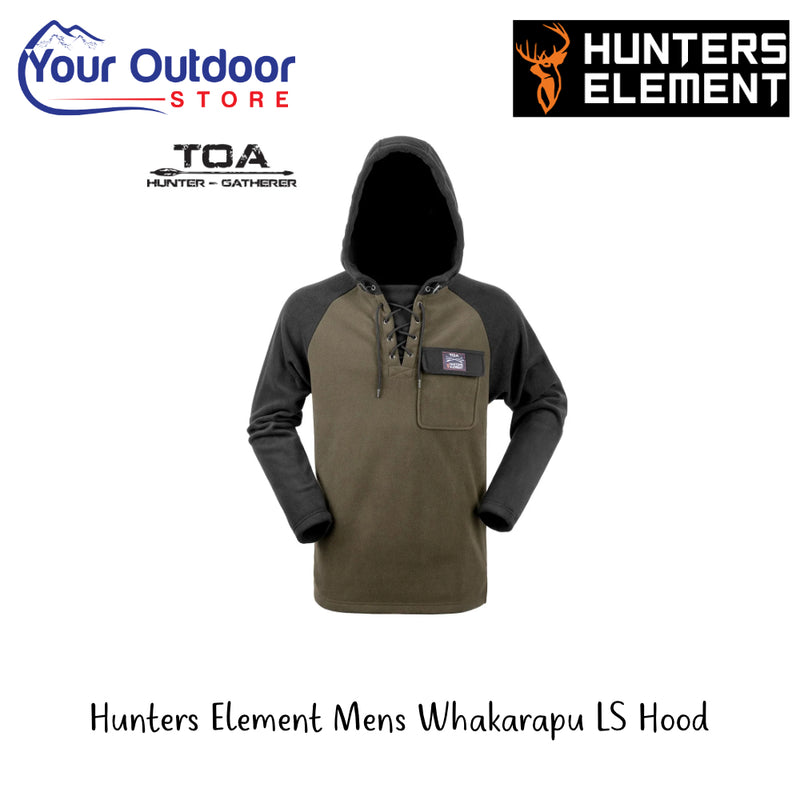 Hunters Element Mens Whakarapu Long Sleeve Hood | Hero Image Displaying Logos And Titles.