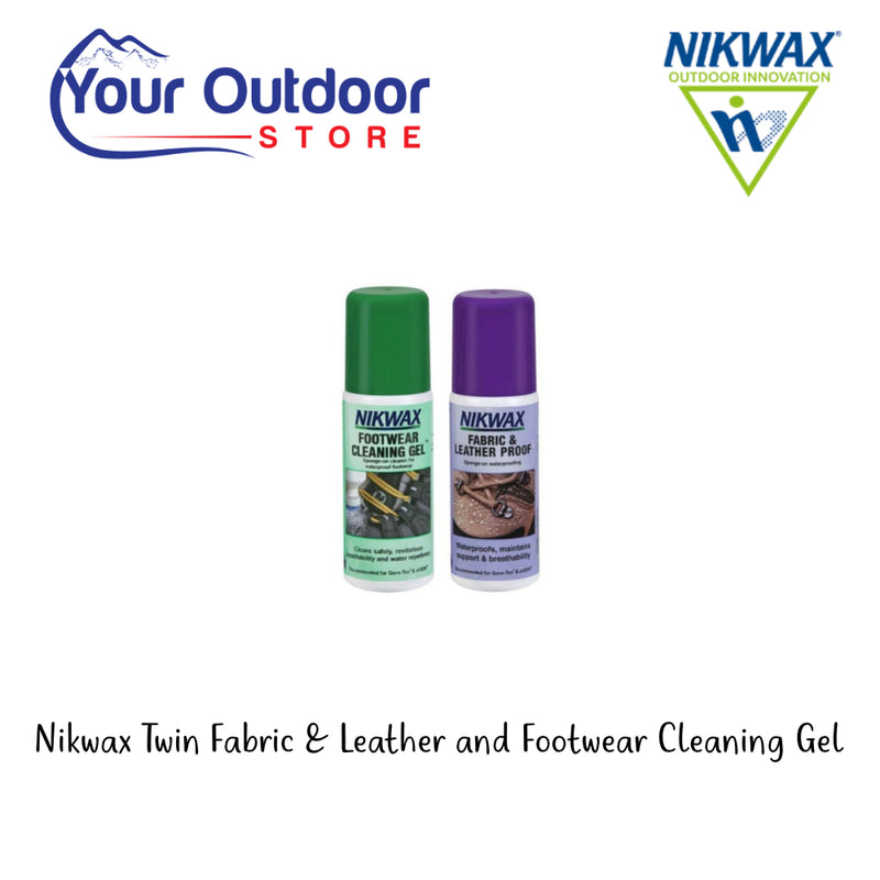 Nikwax Twin Fabric & Leather and Footwear Cleaning Gel. Hero Image Showing Logos and Title. 