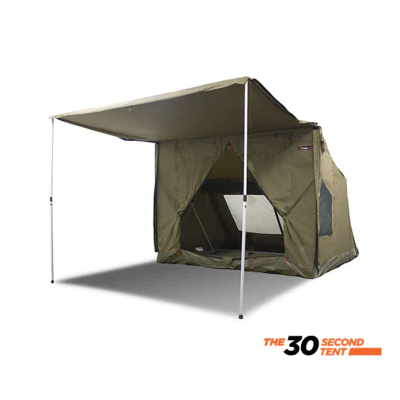 Khaki | Oztent RV5 30 Second Tent. Angled Front View Showing Tent and Awning Set up With Door Open. 