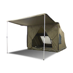 Khaki | Oztent RV5 30 Second Tent. Angled Front View Showing Tent and Awning Set up With Door Open. 