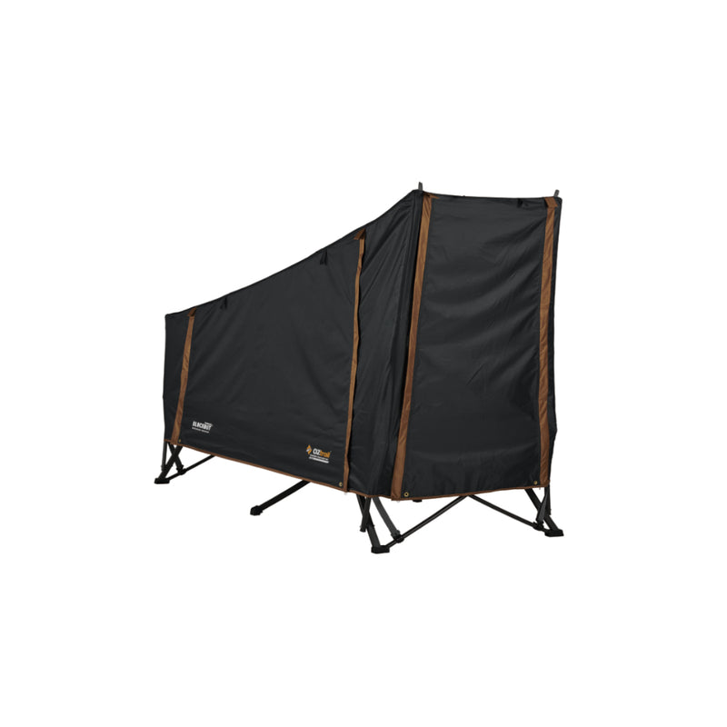 Black | Oztrail Blockout Easy Fold Stretcher Tent - Single. Shown Zipped Up.