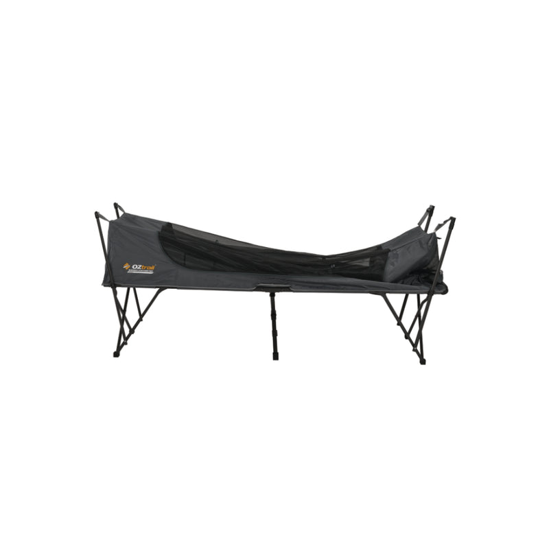 Black | Oztrail Blockout Easy Fold Stretcher Tent - Single. Shown With Stretcher bed/ Mozzie Cover