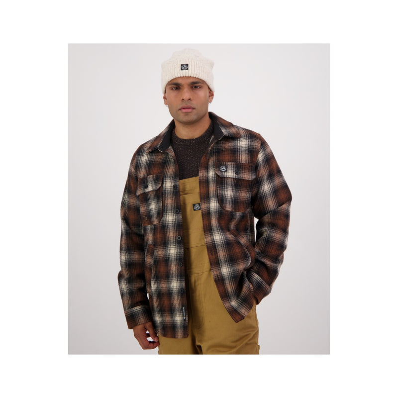 South Town Check | Swanndri Kiaraki Wool Shacket Image Showing Front View With Buttons Open.