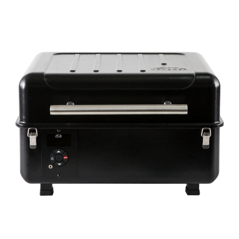 Traeger Ranger Portable Pellet Grill. Front View, Showing Lid Closed and Clipped Up. 