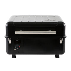 Traeger Ranger Portable Pellet Grill. Front View, Showing Lid Closed and Clipped Up. 