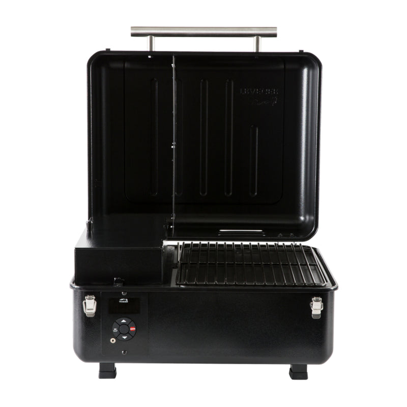 Traeger Ranger Portable Pellet Grill. Front View, Showing Lid Open and Front Control Panel.