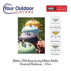 Weber 70th Anniversary Edition Kettle Charcoal Barbecue 57cm. Hero Image Showing logos, Title and Variants. 