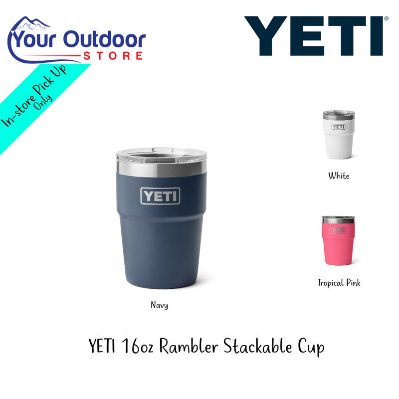 Yeti 16oz Rambler Stackable Cup. Hero Image with title and logos plus colour inserts.