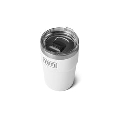 White | YETI 16oz Rambler Stackable Cup Image Showing Angled Top View, With Lid On.