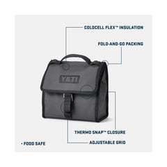 Charcoal | YETI Daytrip Lunch Bag Soft Cooler.  Showing Cooler Features.