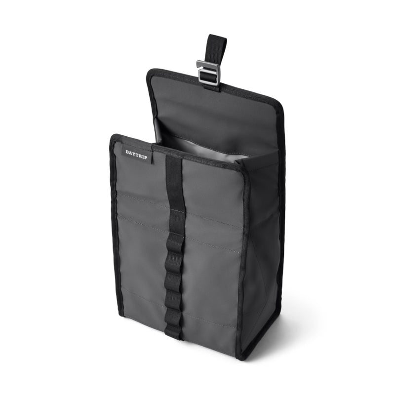 Charcoal | YETI Daytrip Lunch Bag Soft Cooler.  Angled Front View Showing Lid Open. 