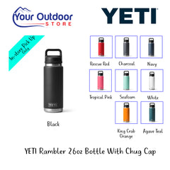 YETI Rambler 26oz Bottle With Chug Cap. Hero Image with title and logos plus colour image inserts.