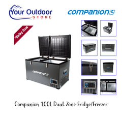 Companion 100L Dual Zone Fridge Freezer. Hero image with title and logos