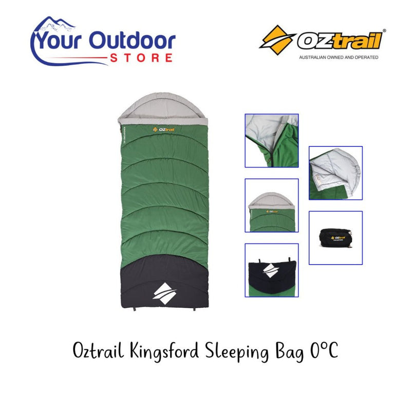 Green | Oztrail Kingsford Sleeping Bag 0°C. Hero image with title and logos