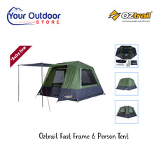 Oztrail Fast Frame 6 Person Tent. Hero image with title and logos