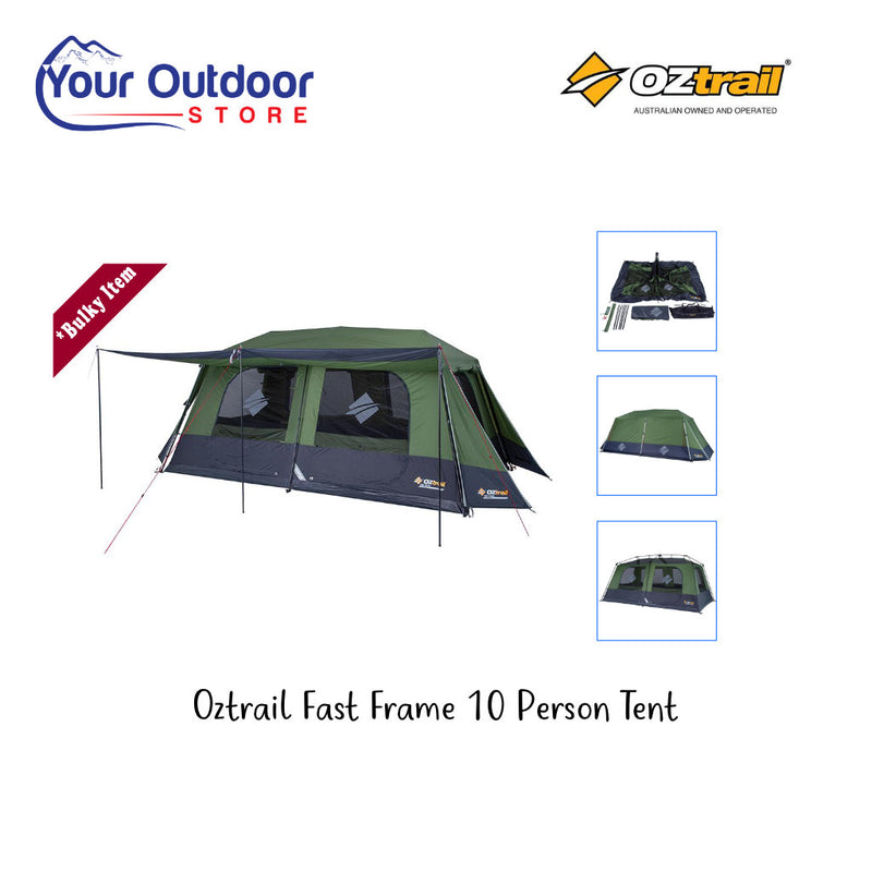 Oztrail Fast Frame 10 Person Tent. Hero Image With Title and Logos