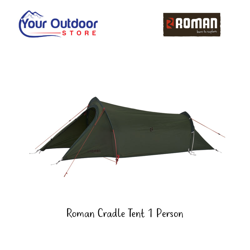 Roman Cradle Tent 1 Person. Hero image with title and logos