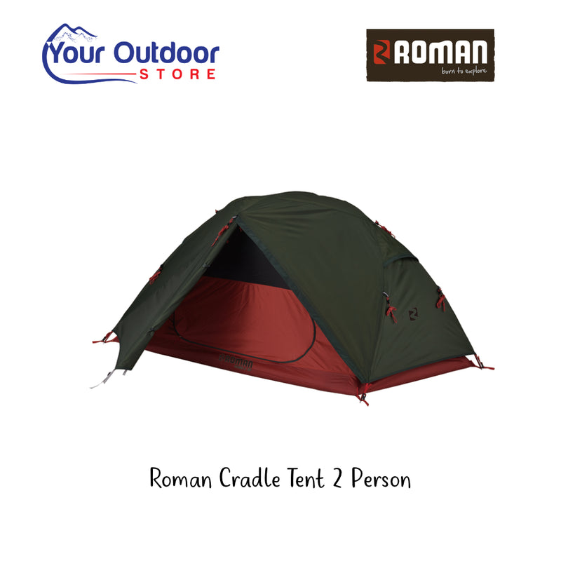 Roman Cradle Light Weight 2 Person Tent. Hero image with title and logos