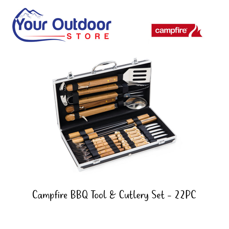 Campfire BBQ Tool & Cultery Set - 22 Piece. Hero Image Showing Logos and Title.   