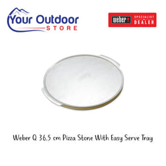 Weber Q Pizza Stone With Easy Serve Pizza Tray. Hero image with logos and title