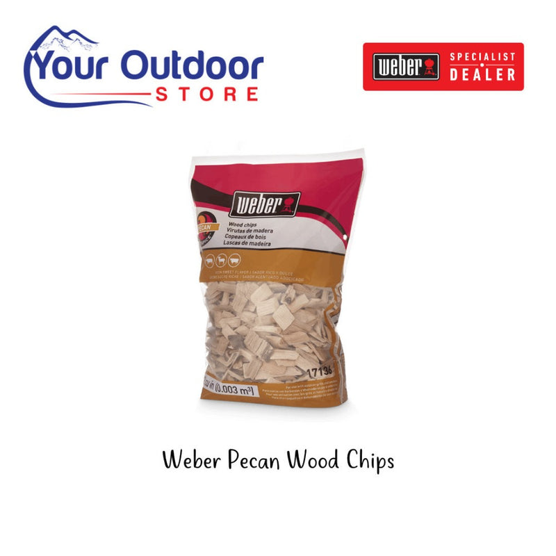 Weber Pecan Wood Chips. Hero image with title and logos