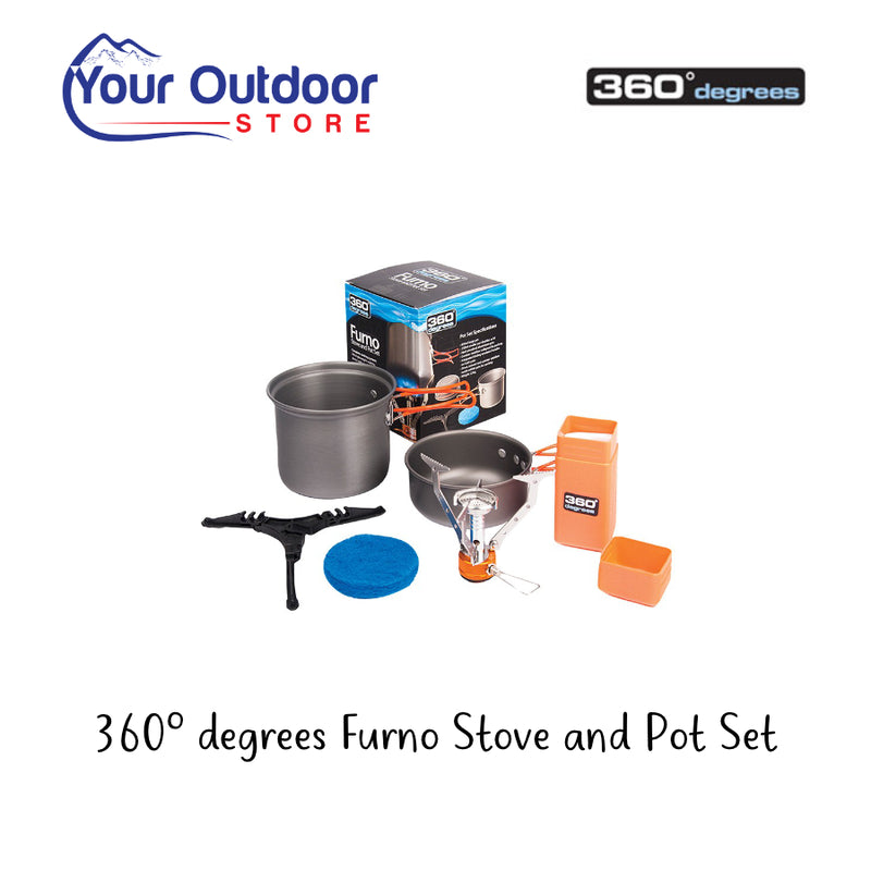 360 Degrees Furno Stove and Pot Set. Hero image with title and logos