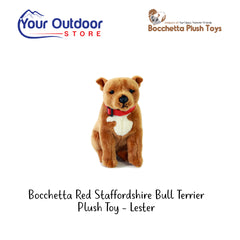 Bocchetta red Staffordshire Bull Terrier Plush Toy - Lester. Hero Image Showing Logos and Title. 