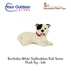 Bocchetta White Staffordshire Bull Terrier Plush Toy - Loki. Hero Image Showing Logos and Title. 