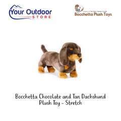 Bocchetta Chocolate and Tan Dachshund Plush Toy - Stretch. Hero Image Showing Logos and Title.