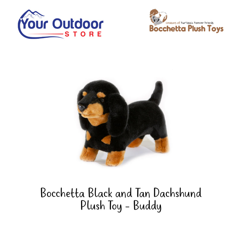 Bocchetta Black and Tan Dachshund Plush Toy - Buddy. Hero Image Showing Logos and Title. 